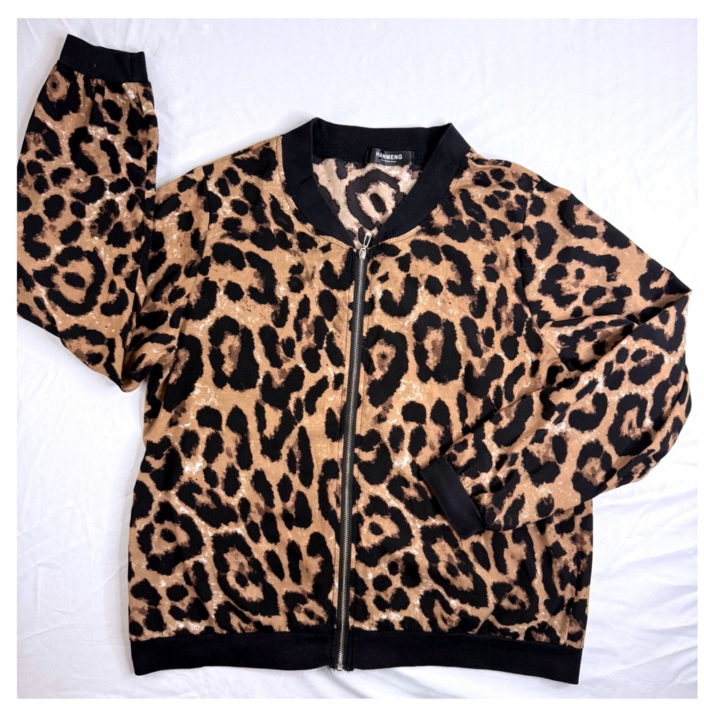 HANMENG Womens Leopard Print Bomber Jacket Tan Black Zip Up Lightweight XL